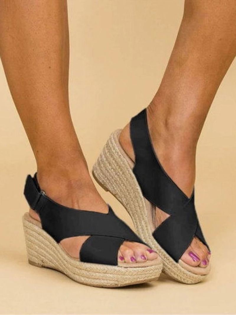 Espadrilles-sandalen Met Sleehak Dames Street Wear Pu-leer Open Teen - Zwart