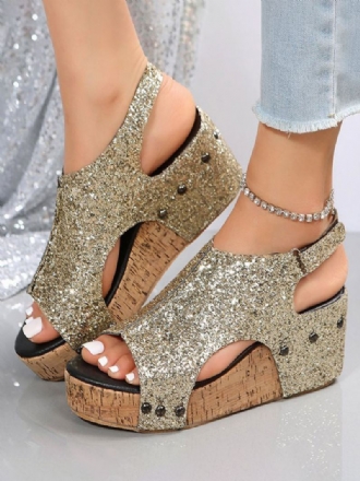 Gouden Platform-sleehaksandalen Met Glitter Dames