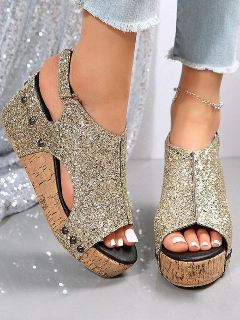 Gouden Platform-sleehaksandalen Met Glitter Dames - Goud