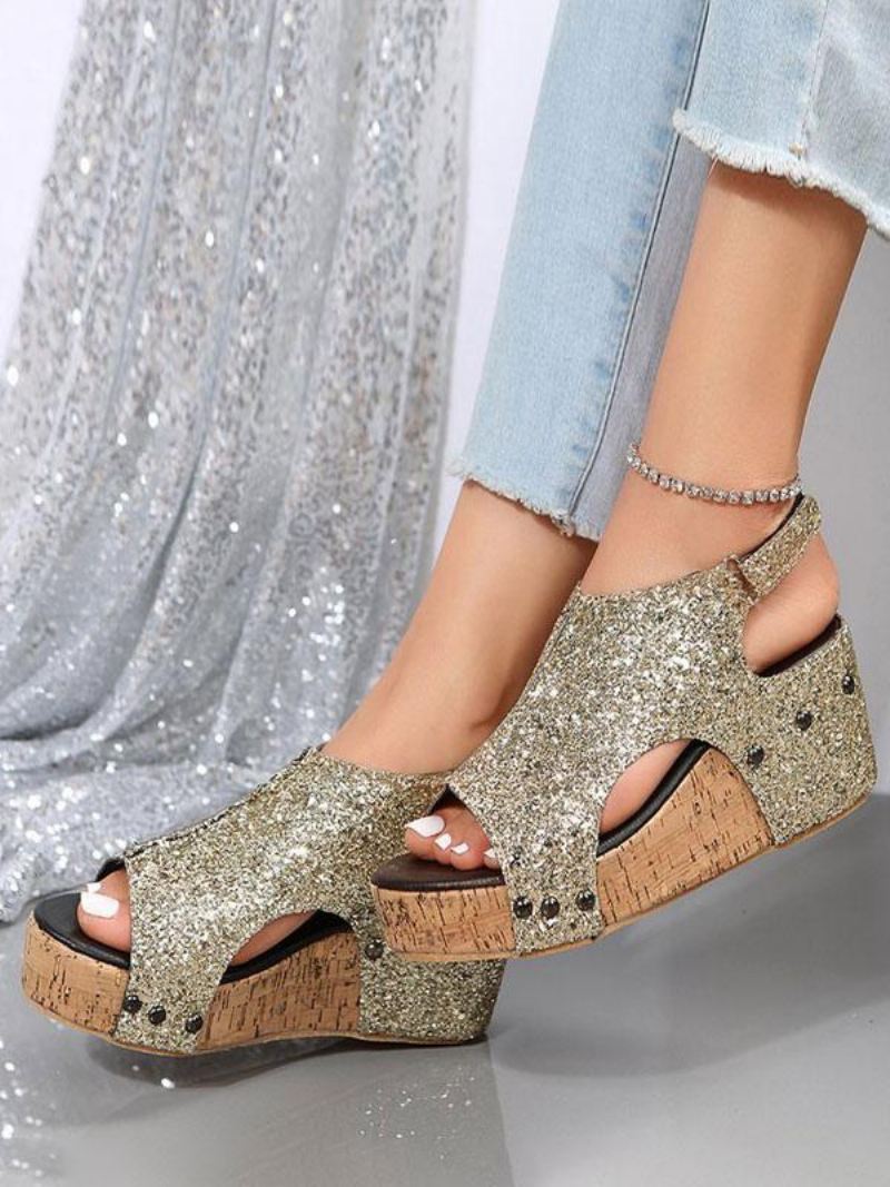 Gouden Platform-sleehaksandalen Met Glitter Dames - Goud