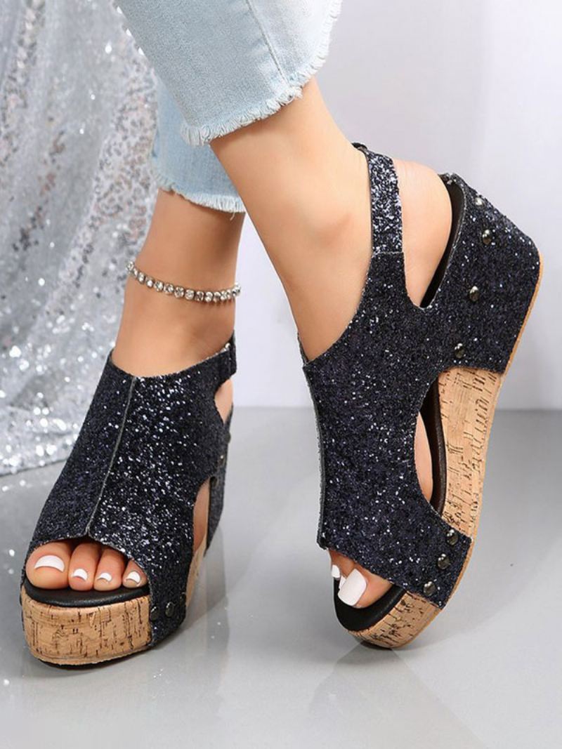 Gouden Platform-sleehaksandalen Met Glitter Dames - Zwart