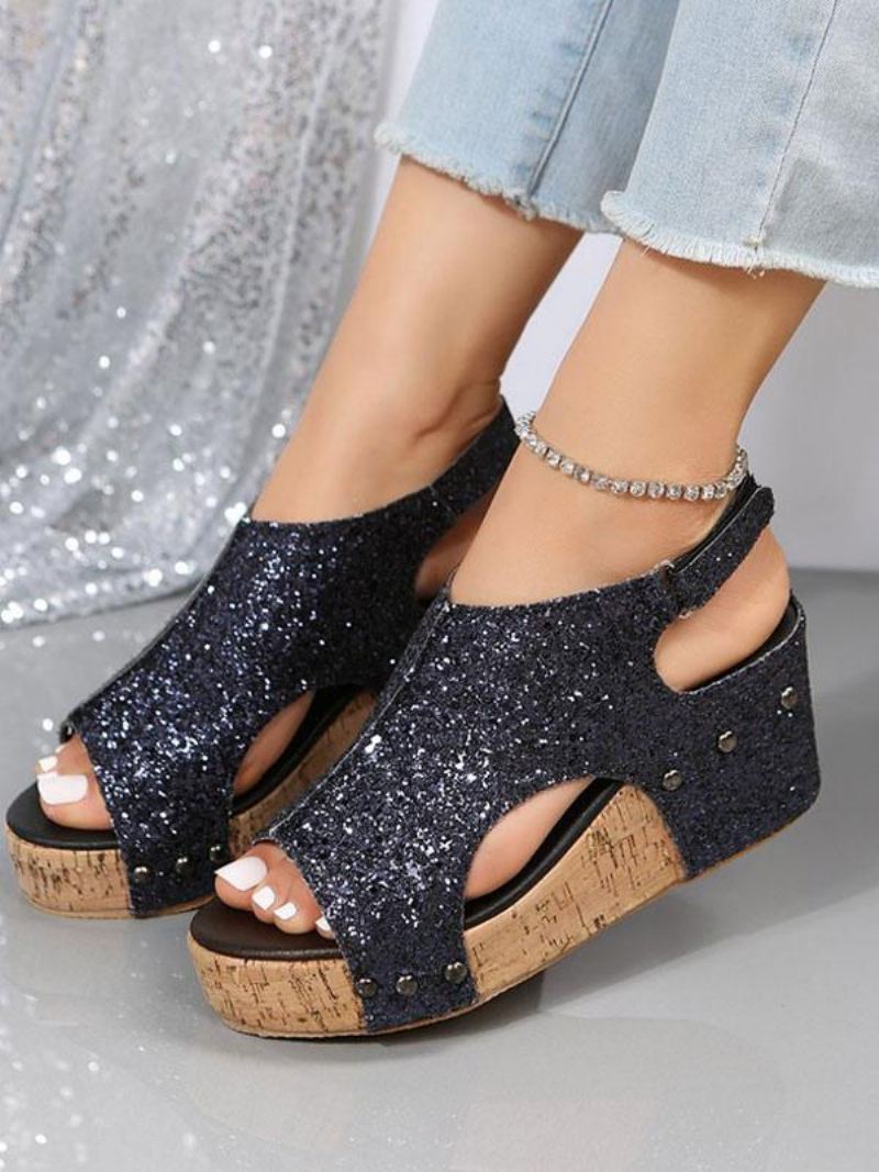 Gouden Platform-sleehaksandalen Met Glitter Dames - Zwart