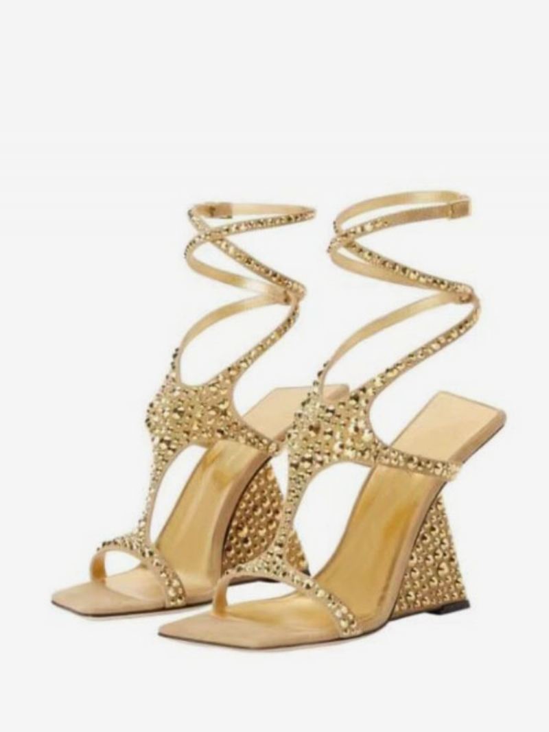 Gouden Prom Schoenen Dames Strass Strappy Sleehak Sandaal