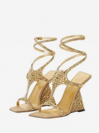 Gouden Prom Schoenen Dames Strass Strappy Sleehak Sandaal