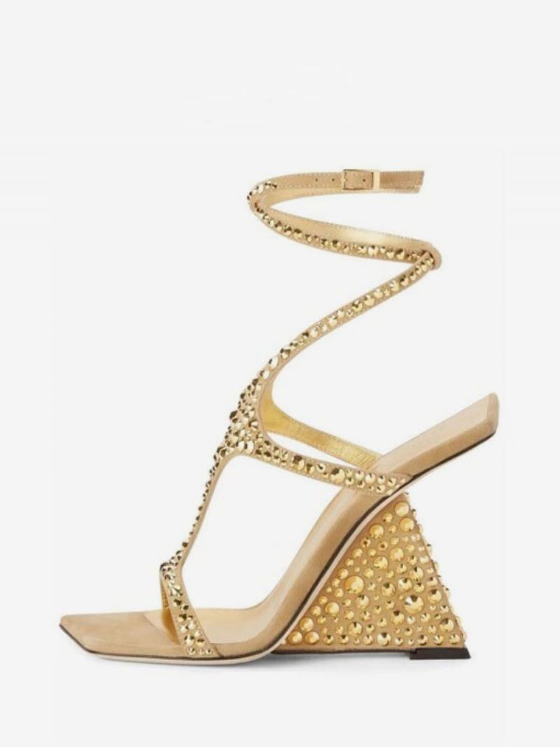 Gouden Prom Schoenen Dames Strass Strappy Sleehak Sandaal - Goud