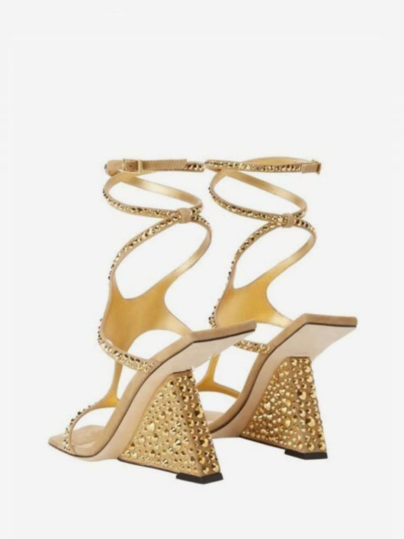 Gouden Prom Schoenen Dames Strass Strappy Sleehak Sandaal - Goud