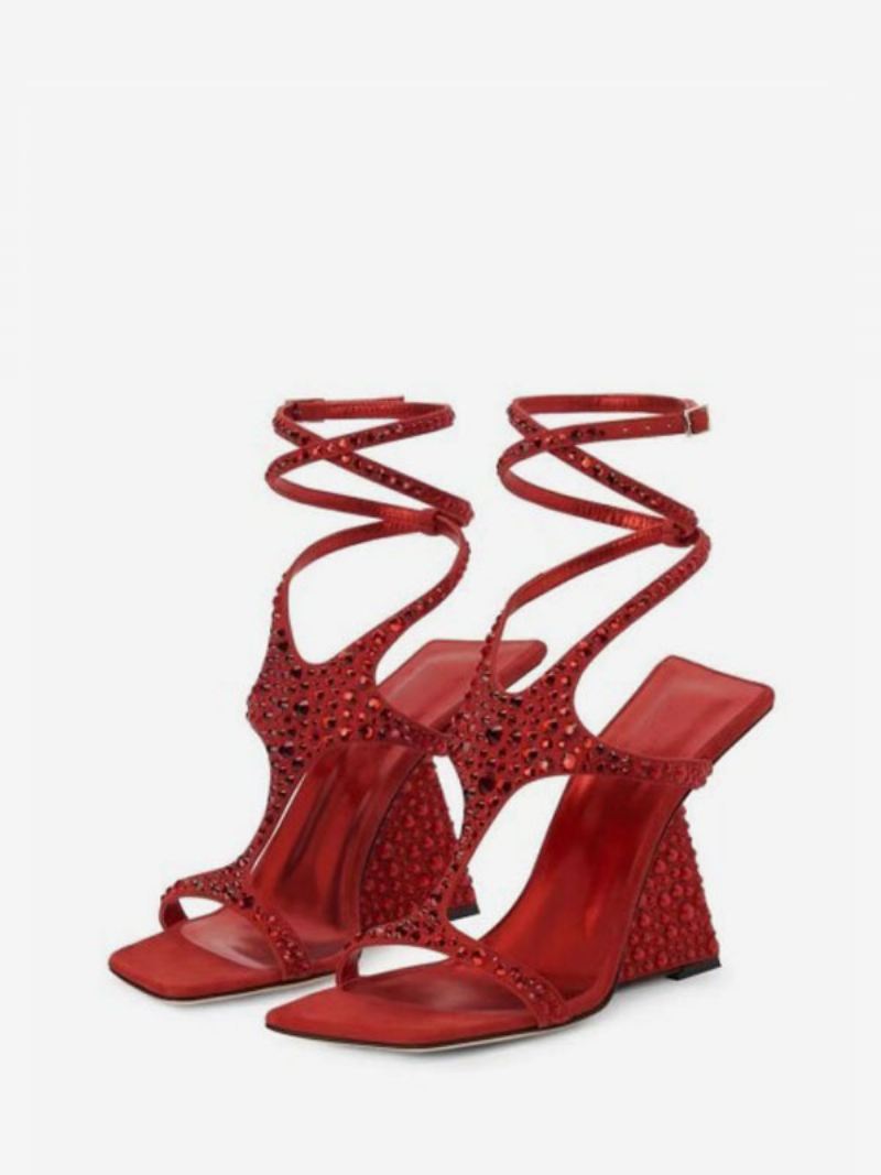 Gouden Prom Schoenen Dames Strass Strappy Sleehak Sandaal - Rood