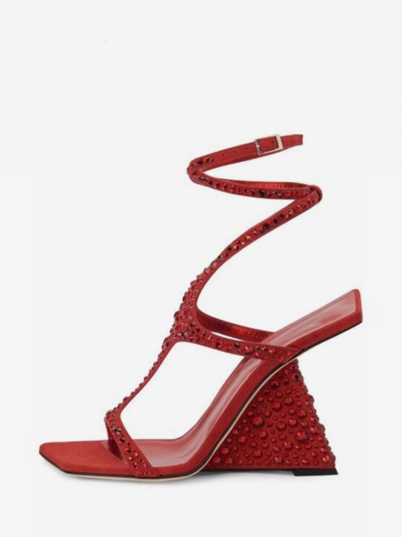 Gouden Prom Schoenen Dames Strass Strappy Sleehak Sandaal - Rood