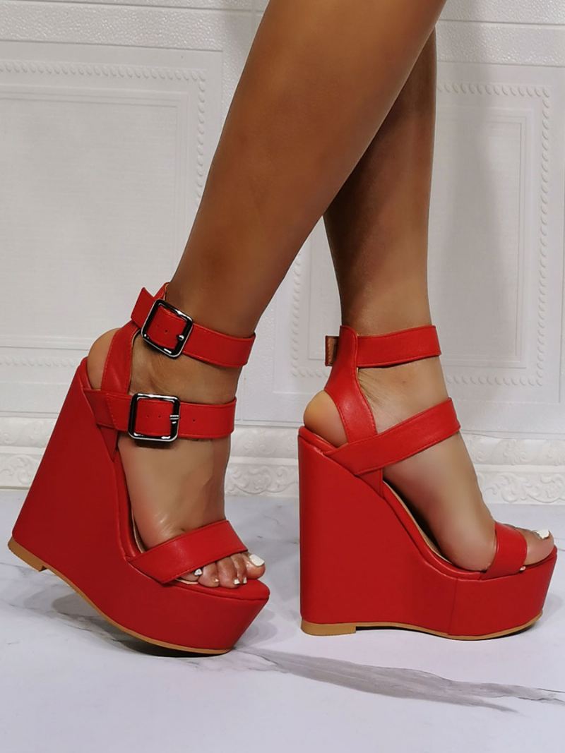 Platform Sandalen Met Sleehak Dames Gespen - Rood