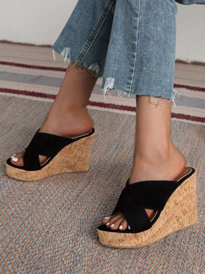 Platform Wedge Mule-sandalen Dames Bruin Suède - Zwart