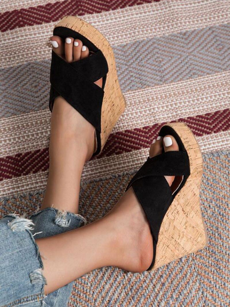 Platform Wedge Mule-sandalen Dames Bruin Suède - Zwart