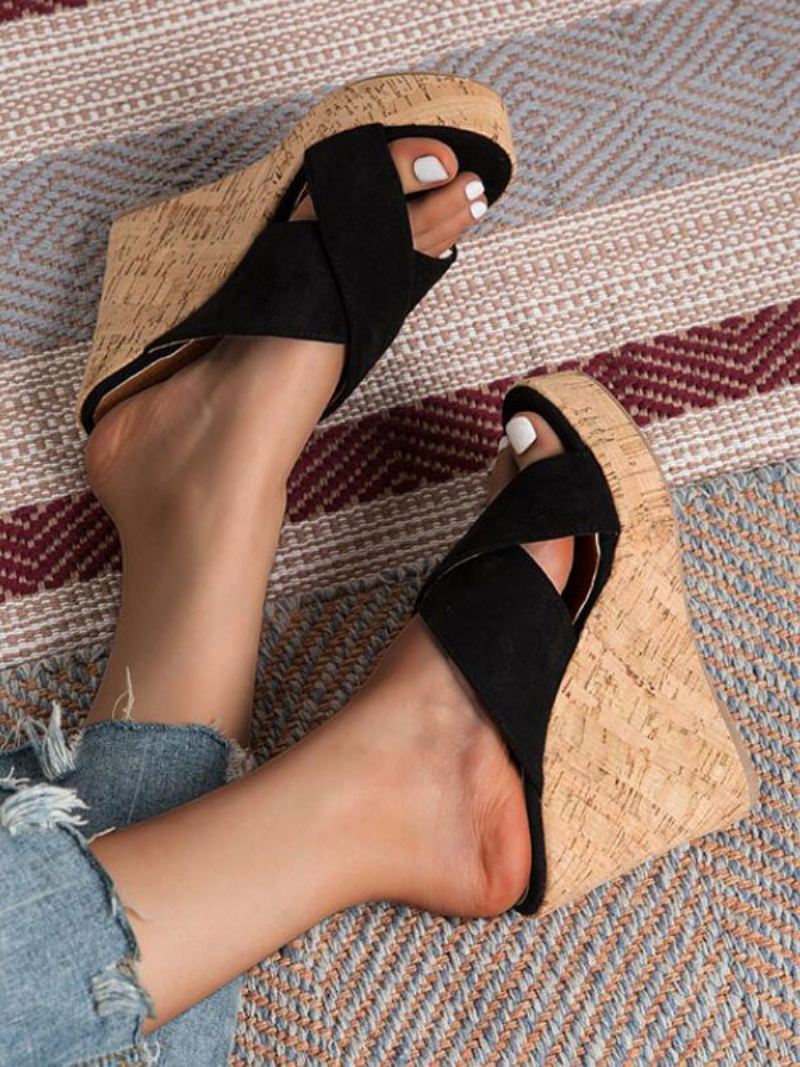 Platform Wedge Mule-sandalen Dames Bruin Suède - Zwart