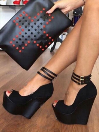 Sexy Platform Sleehakken Dames Suède Peeptoe-sleehakpumps Met Enkelbandje Zwart