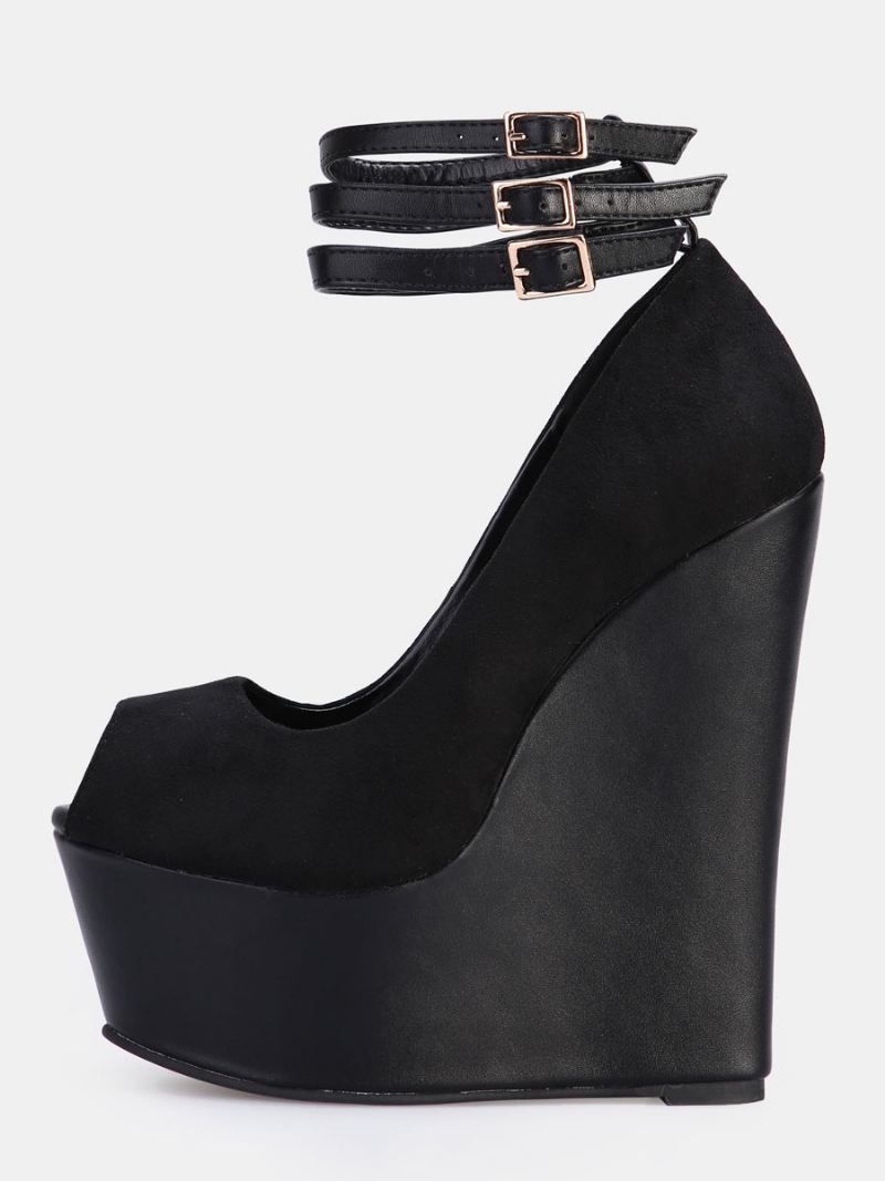 Sexy Platform Sleehakken Dames Suède Peeptoe-sleehakpumps Met Enkelbandje Zwart - Zwart