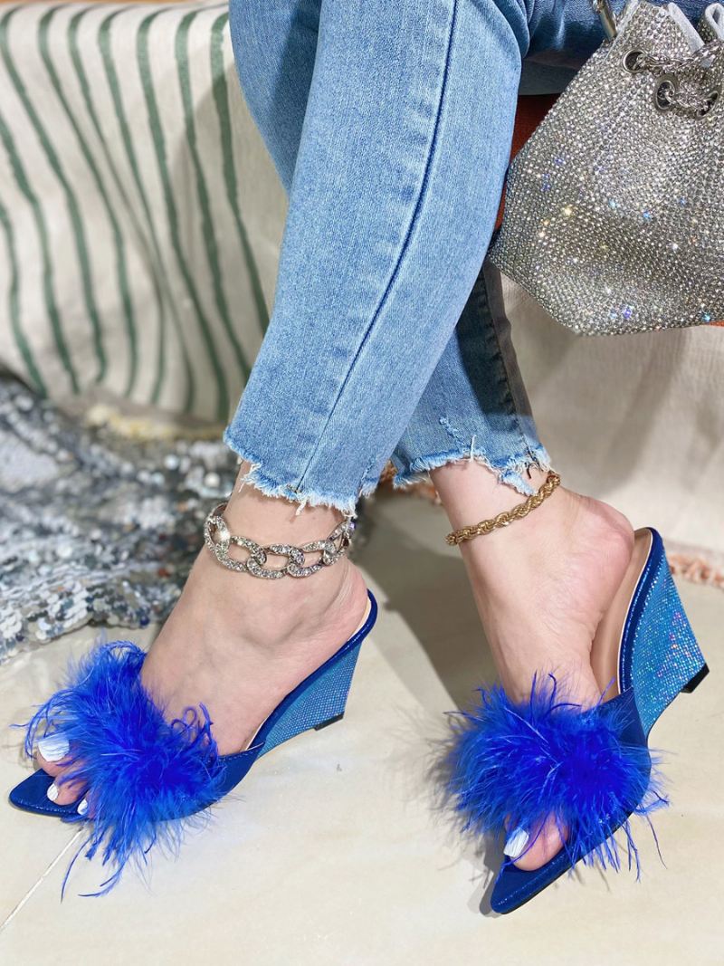 Slingbacks Met Veren Lovertjes Dames Stoffen Sleehaksandalen - Blauw