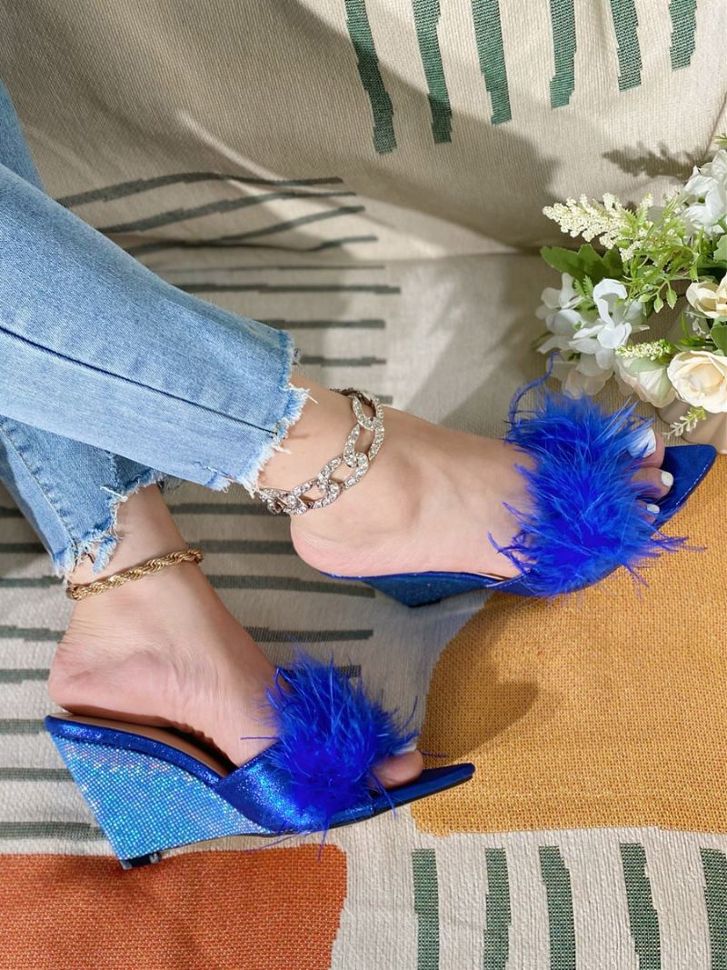 Slingbacks Met Veren Lovertjes Dames Stoffen Sleehaksandalen - Blauw