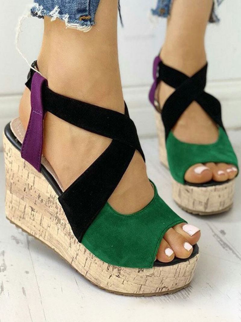 Tweekleurige Platformsandalen Met Sleehak Dames - Groen