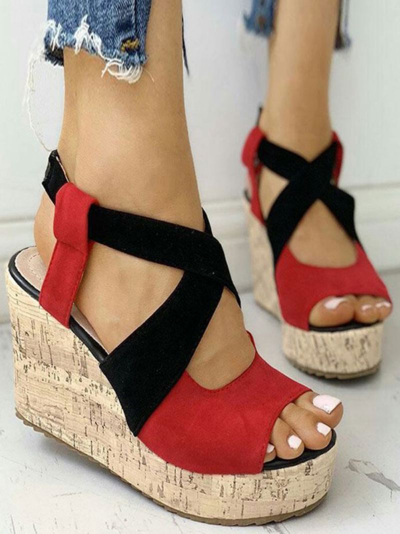 Tweekleurige Platformsandalen Met Sleehak Dames - Rood