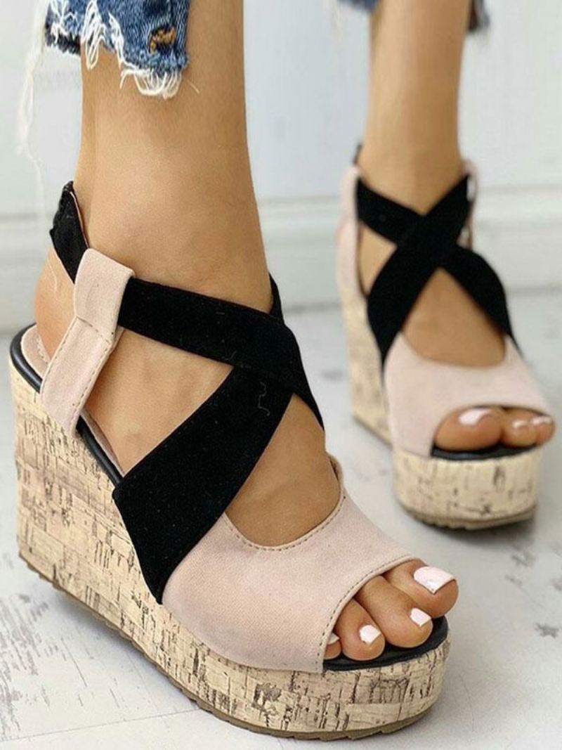 Tweekleurige Platformsandalen Met Sleehak Dames - Beige