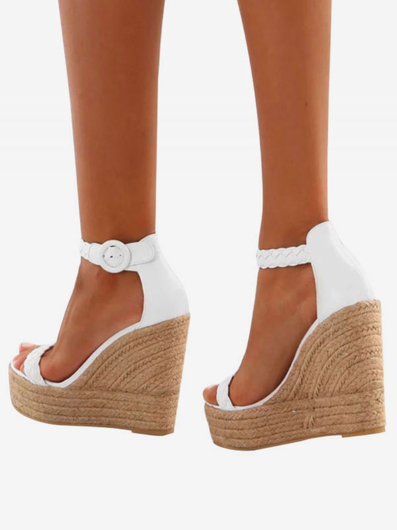 Witte Sleehak Damessandalen Damesplatform Espadrille Sandalen Met Open Teen Gespdetail - Wit