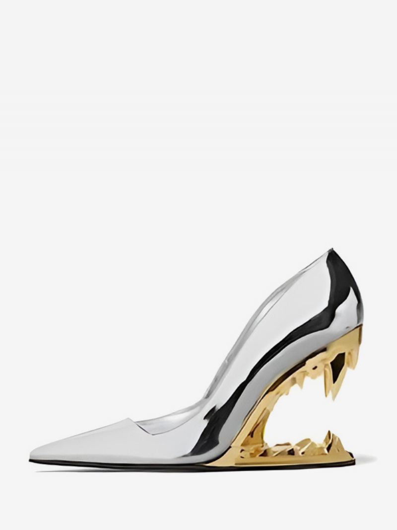 Zilveren Wedge Pumps Met Puntige Neus Ontworpen Sleehakschoenen Dames - Goud