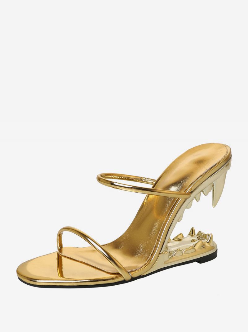 Zwarte Pu-leren Sleehaksandalen Met Sharke-tandenontwerp Dames - Goud