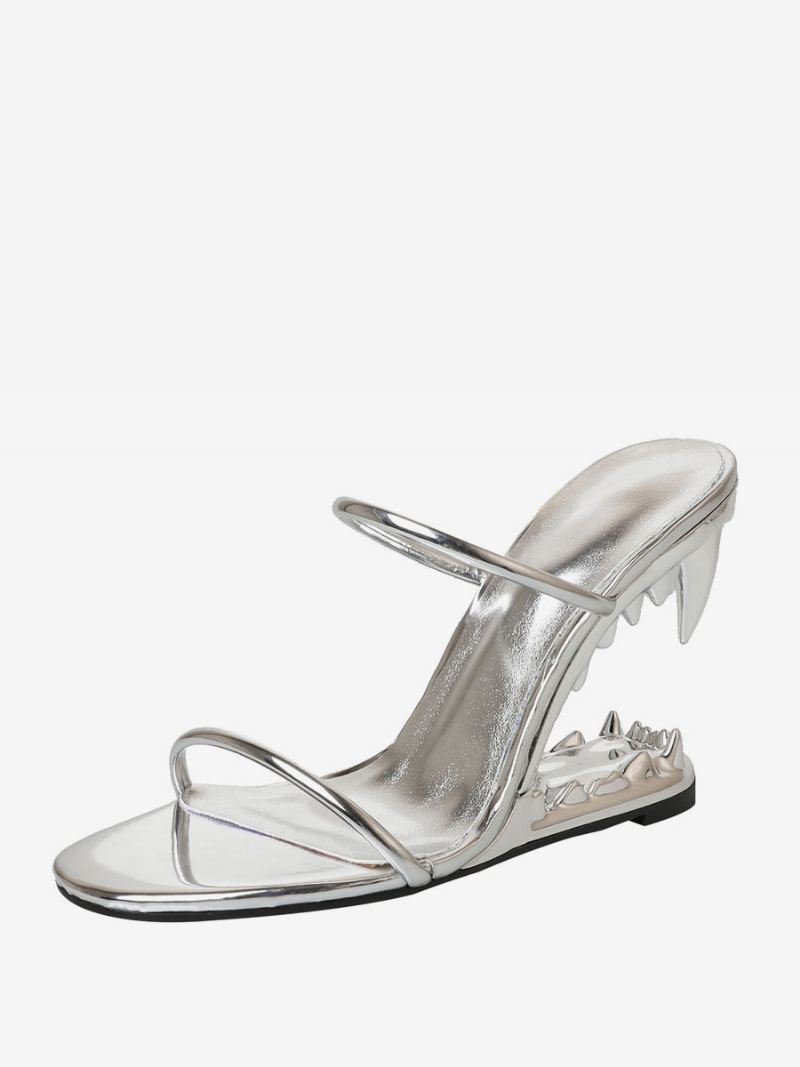 Zwarte Pu-leren Sleehaksandalen Met Sharke-tandenontwerp Dames - Zilver