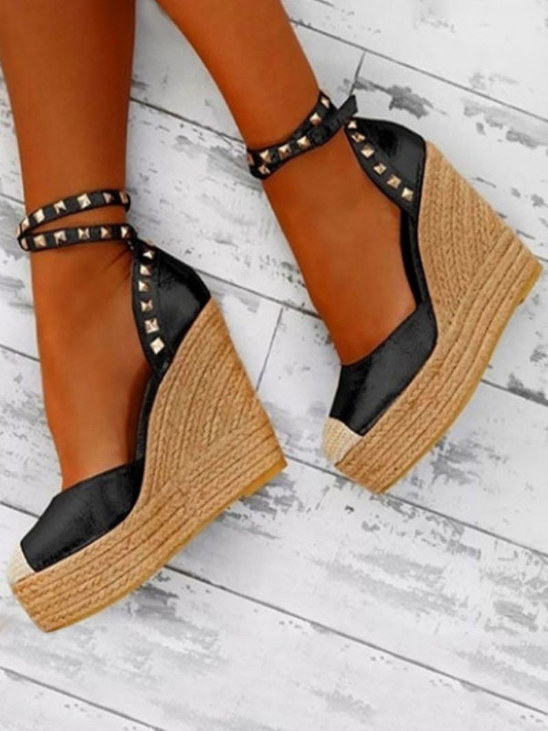 Zwarte Sleehaksandalen Ronde Neus Platform Klinknagels Enkelbandje Espadrilles Dames