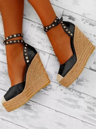 Zwarte Sleehaksandalen Ronde Neus Platform Klinknagels Enkelbandje Espadrilles Dames