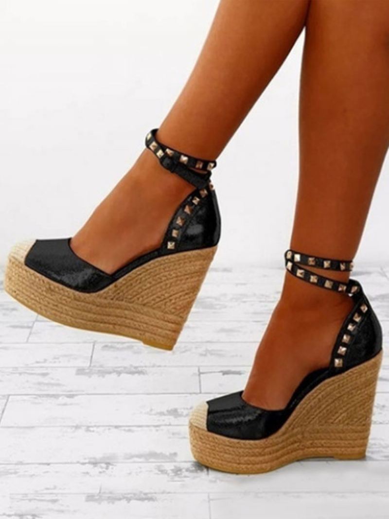 Zwarte Sleehaksandalen Ronde Neus Platform Klinknagels Enkelbandje Espadrilles Dames - Zwart