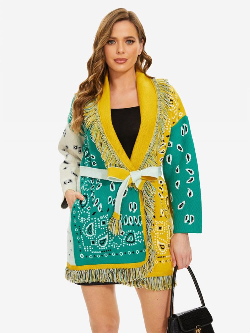 Dames Nieuwe Jacquard Vesten Met Kwastjes Riem Wolmix Boho Trui - Groen