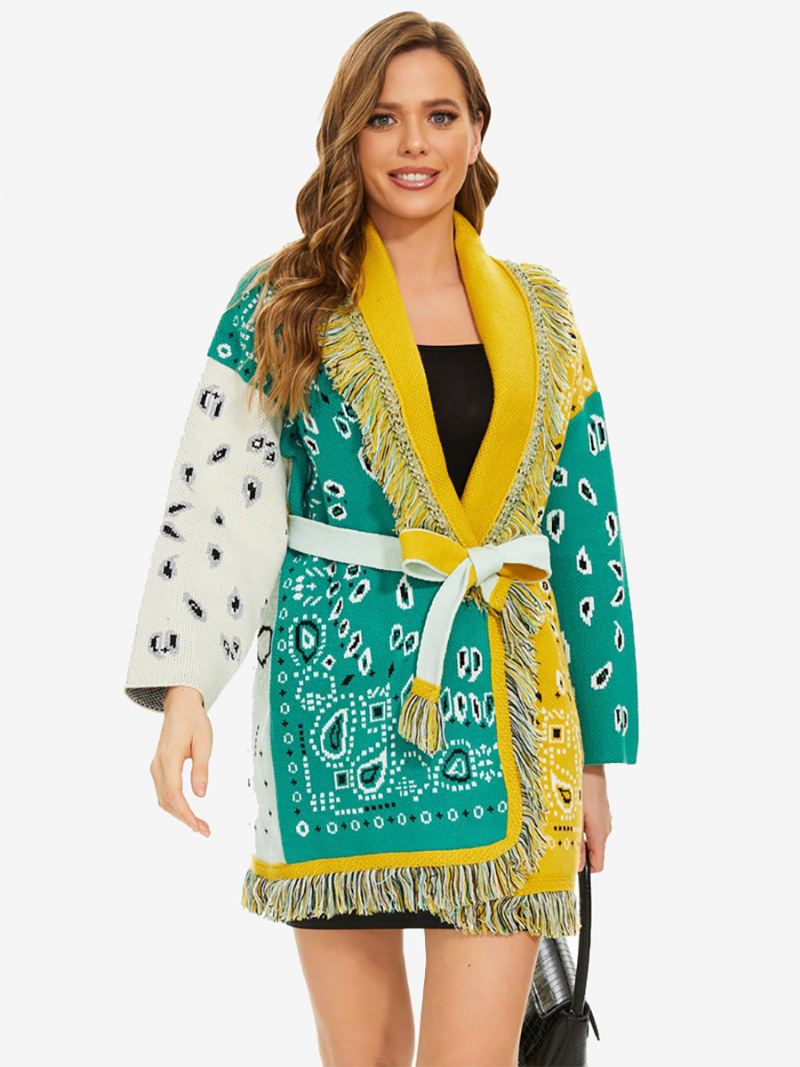 Dames Nieuwe Jacquard Vesten Met Kwastjes Riem Wolmix Boho Trui - Groen