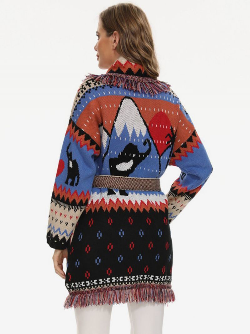 Damesjacquardvesten Met Kwastjes Riem Geometrische Boho-sweater - Zwart