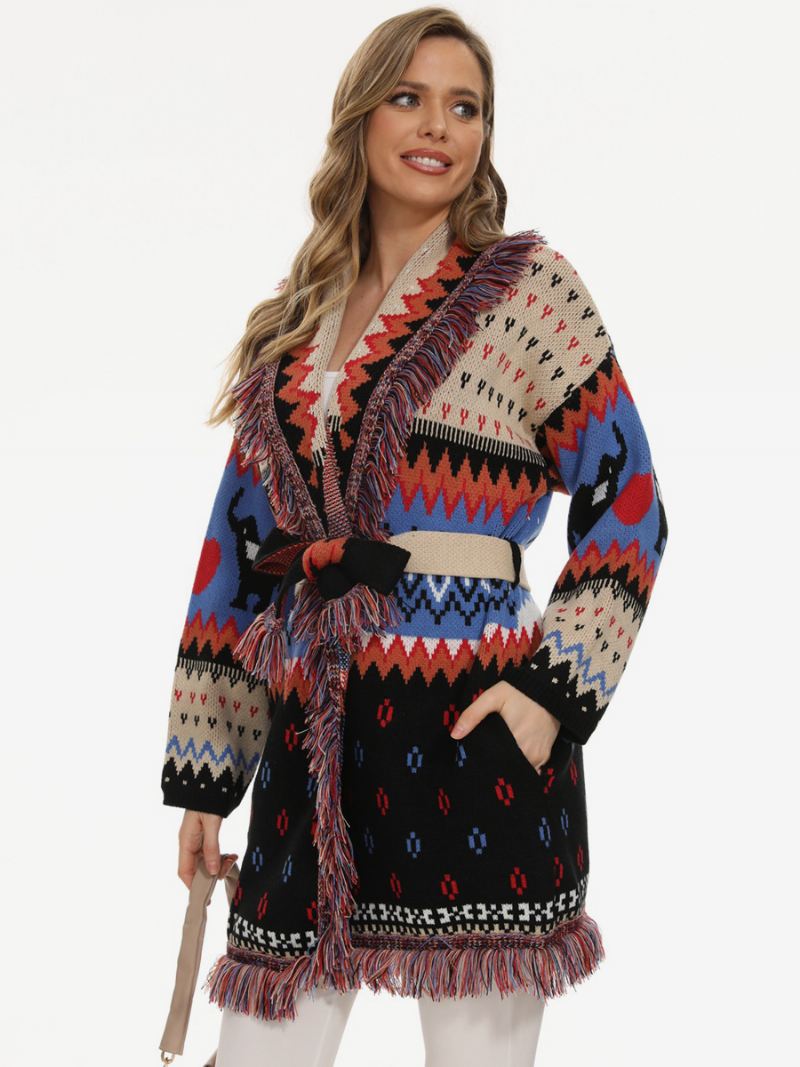 Damesjacquardvesten Met Kwastjes Riem Geometrische Boho-sweater - Zwart