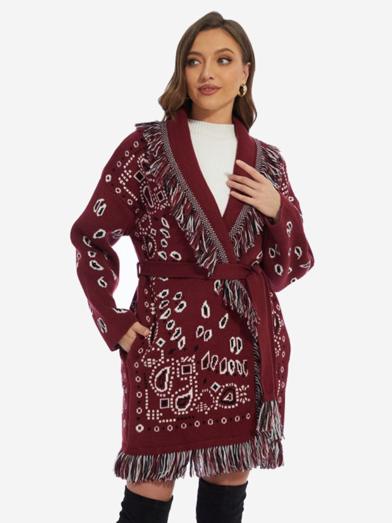 Damesjacquardvesten Paisley-geïnspireerde Boho-trui Wolmix Met Kwastjes Riem - Bordeaux