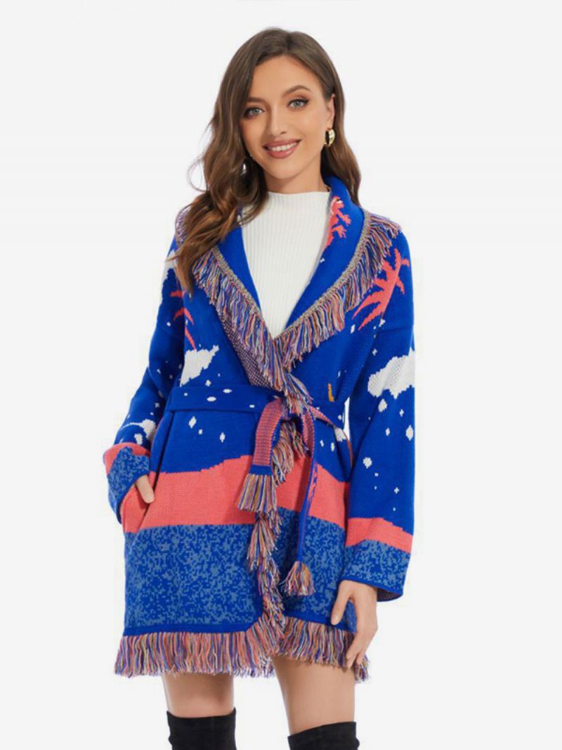 Jacquard Vesten Dames Wolken Kwastjes Riem Boho-sweater Wolmix - Blauw