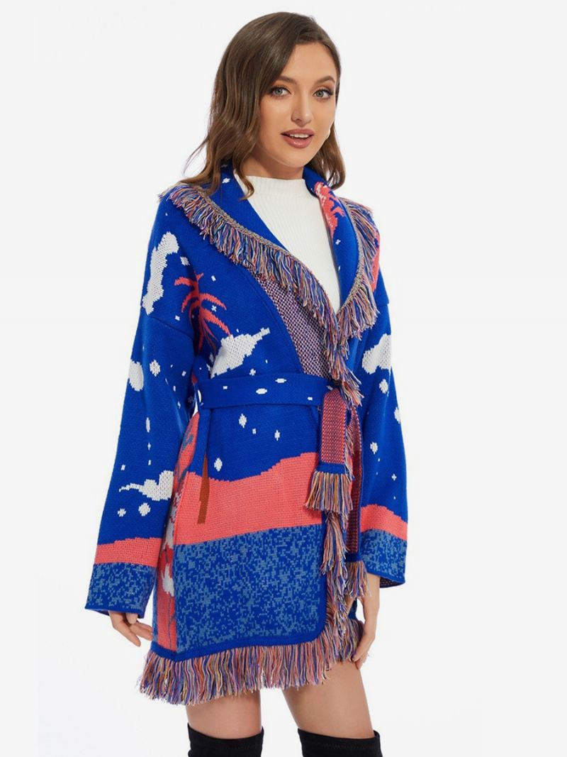 Jacquard Vesten Dames Wolken Kwastjes Riem Boho-sweater Wolmix - Blauw