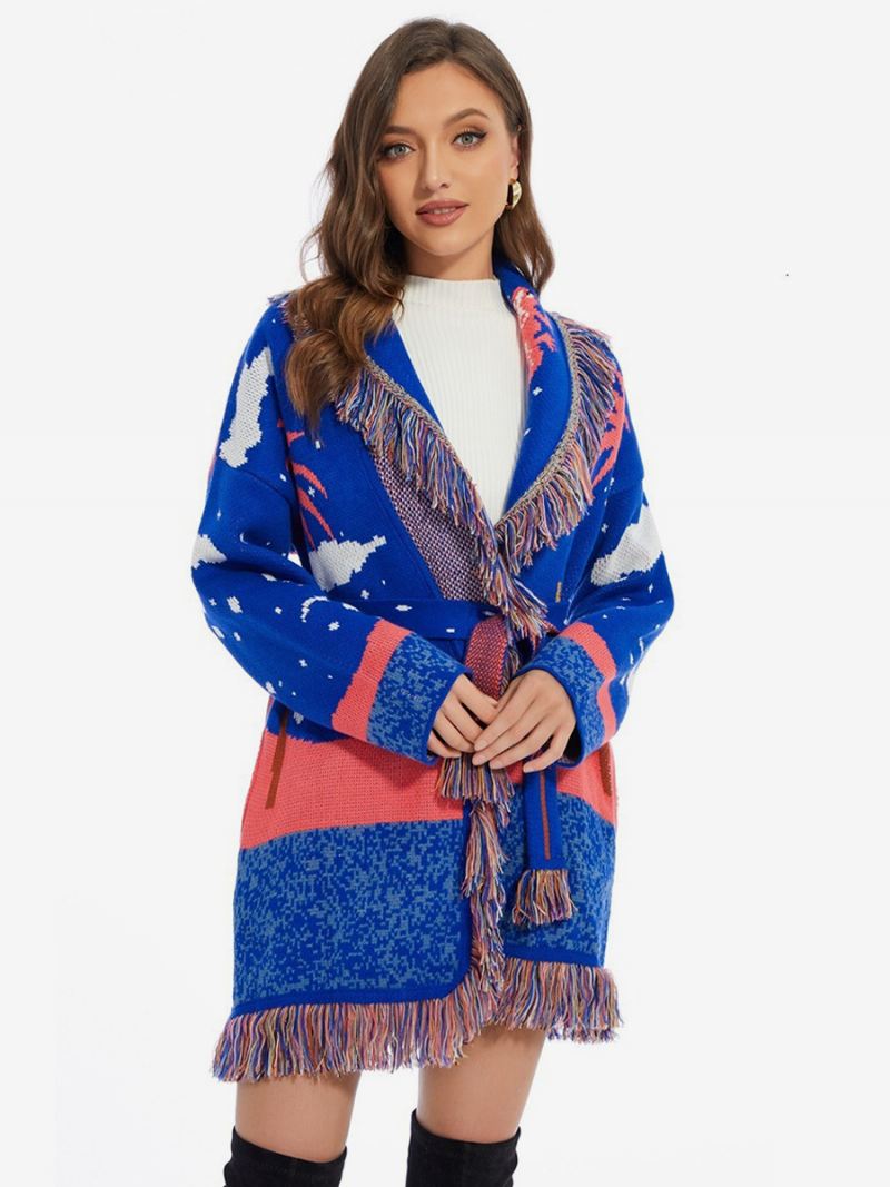 Jacquard Vesten Dames Wolken Kwastjes Riem Boho-sweater Wolmix - Blauw