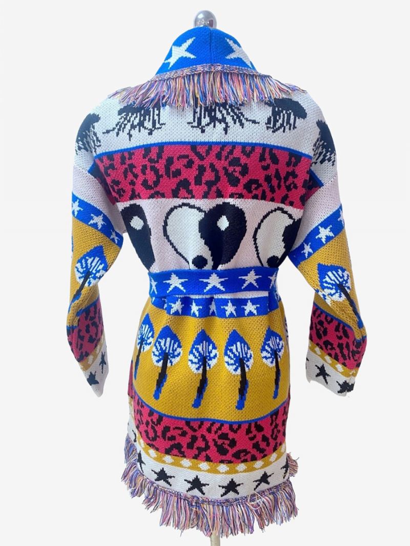 Jacquardvesten Dames Azteekse Kwastjesversiering Wolmix Boho-sweater Met Riem - Blauw