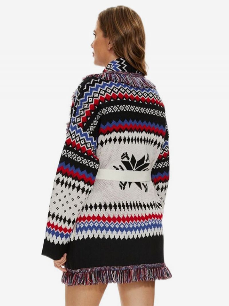 Jacquardvesten Dames Visgraatmotief Met Kwastjes Riem Boho-sweater Wolmix - Wit