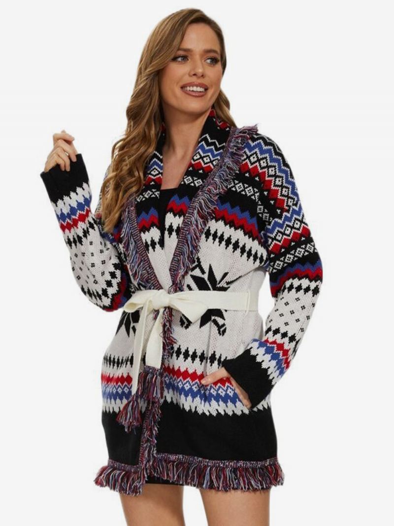 Jacquardvesten Dames Visgraatmotief Met Kwastjes Riem Boho-sweater Wolmix - Wit