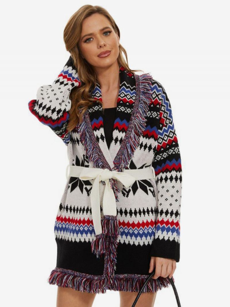 Jacquardvesten Dames Visgraatmotief Met Kwastjes Riem Boho-sweater Wolmix - Wit