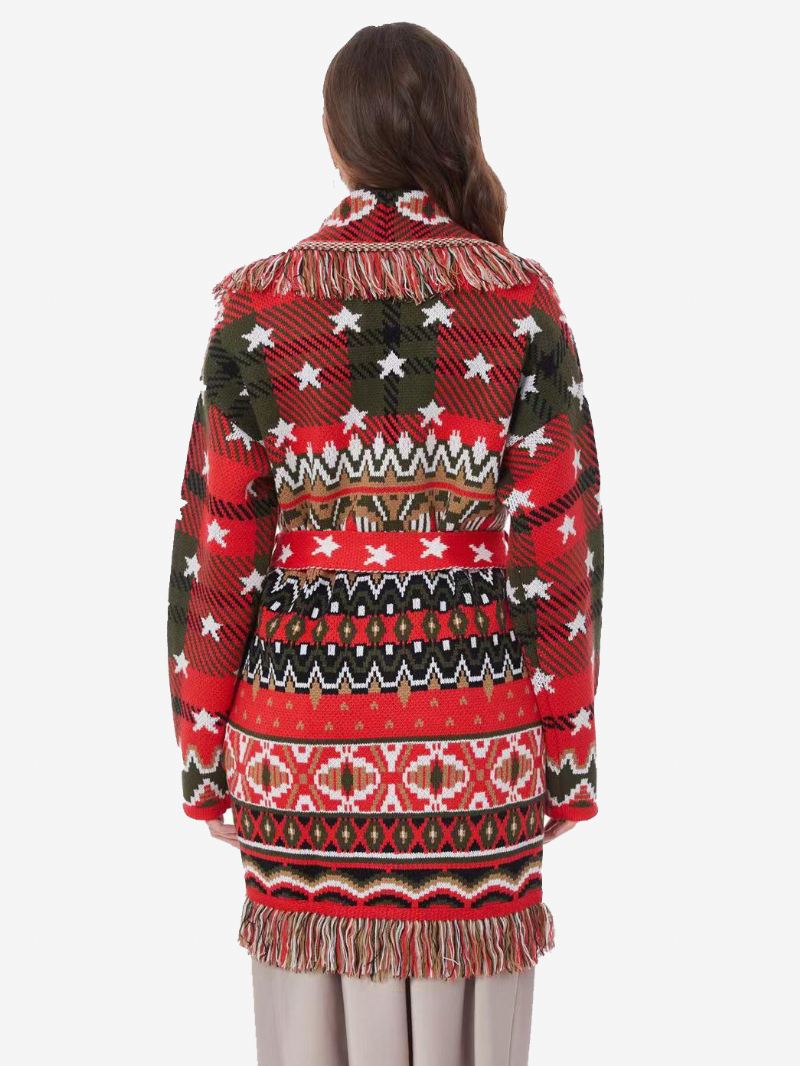 Rode Jacquardvesten Dames Geometrische Kwastjes Ceintuur Wolmix Boho-sweater - Rood