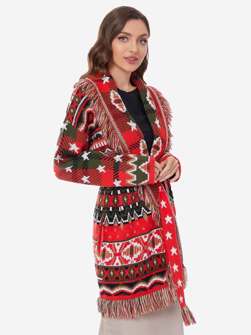 Rode Jacquardvesten Dames Geometrische Kwastjes Ceintuur Wolmix Boho-sweater - Rood