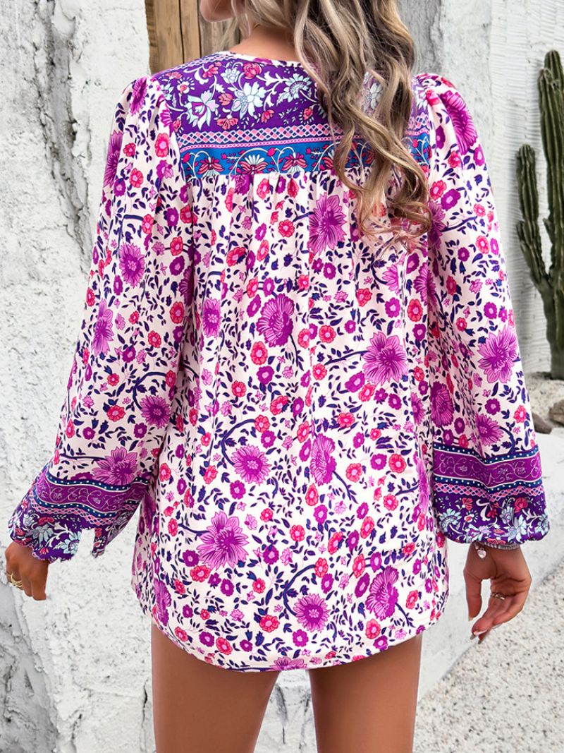 Bloemenblouse Knoop V-hals Lantaarnmouwen Dagelijks Casual Damestop - Paars