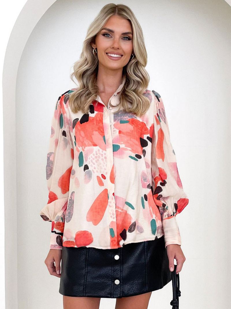 Bloemenshirt Dames Kraag Casual Tops Met Lange Mouwen - Rood