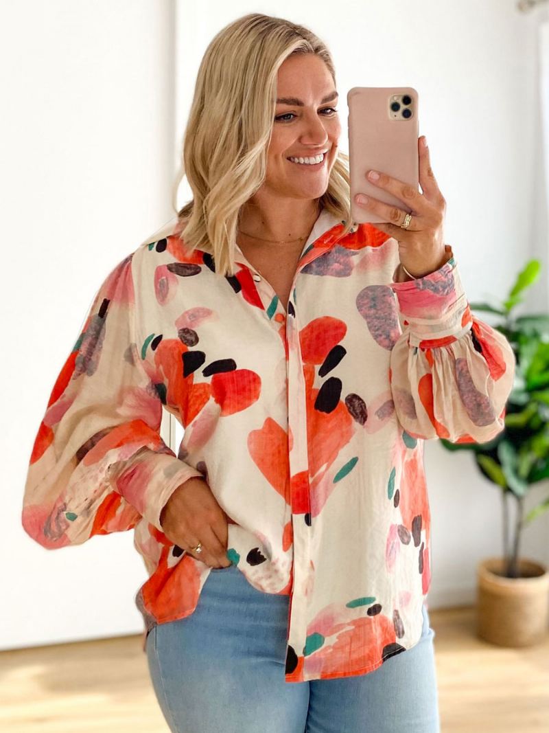 Bloemenshirt Dames Kraag Casual Tops Met Lange Mouwen - Rood