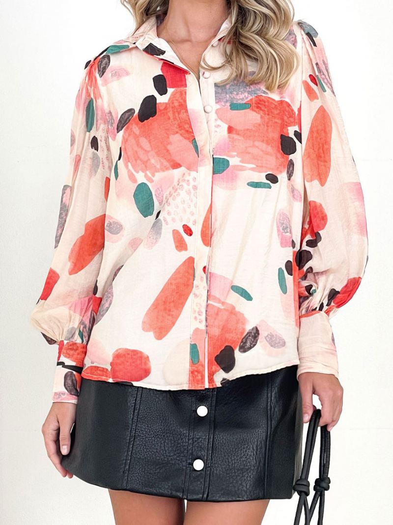 Bloemenshirt Dames Kraag Casual Tops Met Lange Mouwen - Rood