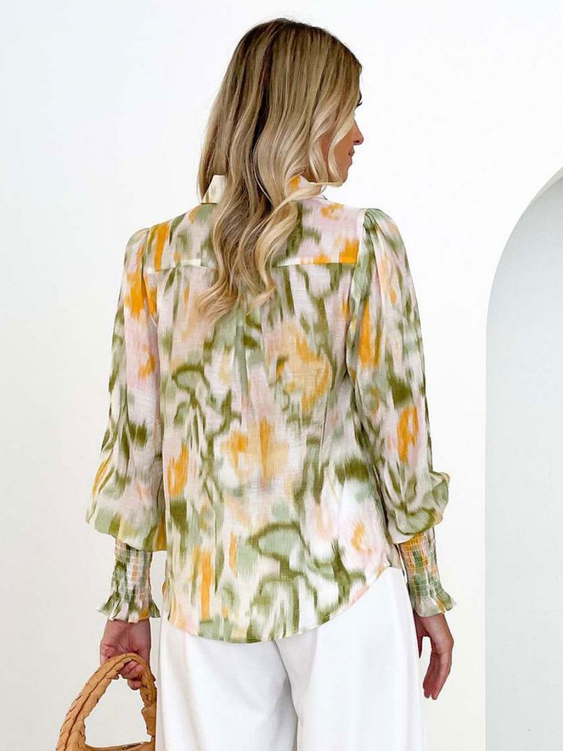 Bloemenshirt Dames Kraag Casual Tops Met Lange Mouwen - Geel Groen