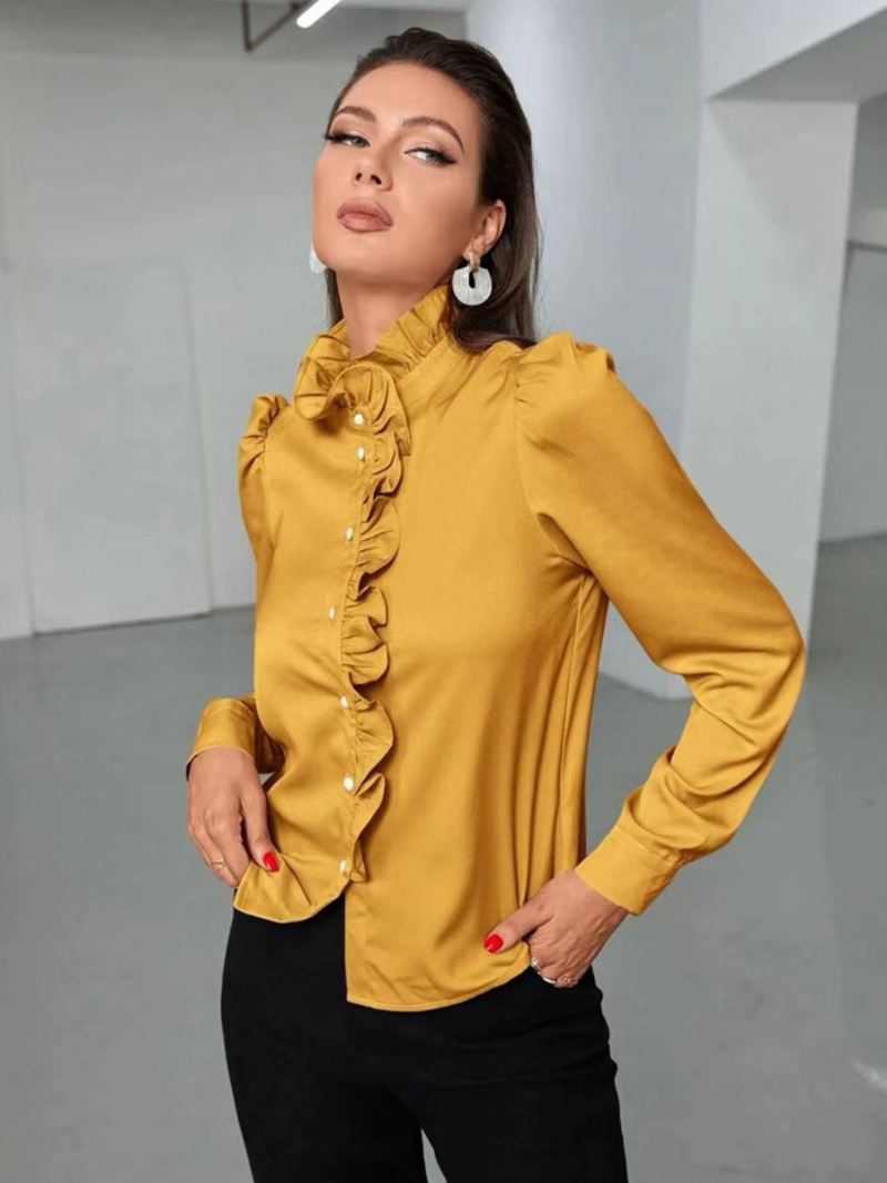 Blouse Dames Goud Hoge Kraag Casual Knopen Cascading Ruches Lange Mouwen Tops